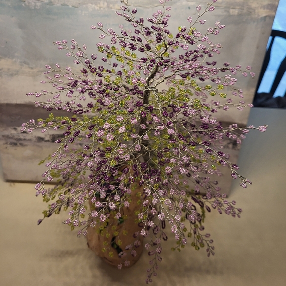 Beaded Bonsai Wire Tree, Pink, Purple, Green Wisteria on Driftwood - Picture 12 of 16